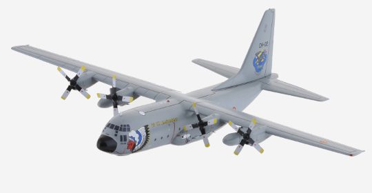 Top view of the 1/200 scale diecast Lockheed C-130H Hercules #CH-2, 20th Sqn "Blue Sioux", Belgian Air Component, 30th anniversary of C-130H in Belgian service titles and tail logo - Inflight200 IF1300217