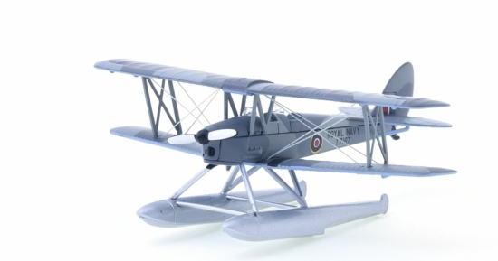 Front port sideview of the 1/72 scale diecast model of the de Havilland DH.82A Tiger Moth floatplane, s/n T7187, Royal Naval Volunteer Reserve Air Branch, 1950s - Oxford Diecast 72TM009