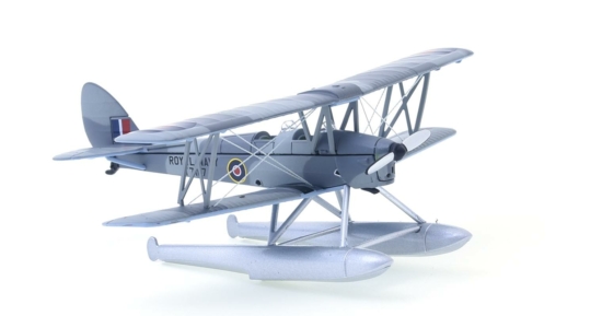 Front starboard side view of the 1/72 scale diecast model of the de Havilland DH.82A Tiger Moth floatplane, s/n T7187, Royal Naval Volunteer Reserve Air Branch, 1950s - Oxford Diecast 72TM009