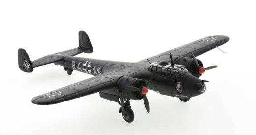 Front starboard side view of Corgi AA38808 - 1/72 scale diecast model of the Dornier Do17Z-10 Kauz II (Screech Owl), Geschwaderkennung code R4+AK. Flown by Erich Jung of I/NJG.2, stationed at Gilze-Rijen airfield, Holland, during October 1940.