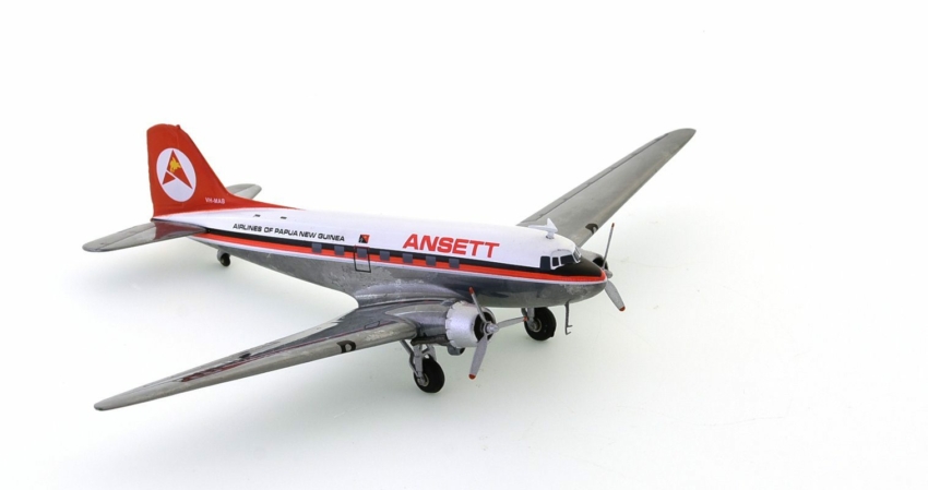 Front port view of the Douglas C-47A Skytrain (DC-3A) 1/200 scale diecast model, registration VH-MAB in the livery of Ansett Airlines of Papua New Guinea -  JC Wings JC2AAA528 / XX2528