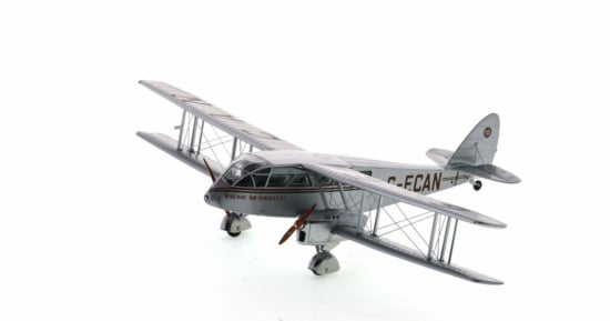 Front port side view of the 1/72 scale diecast model DH.84 Dragon registered G-ECAN, in Railway Air Services livery circa 2000 - 2019 - Oxford Diecast 72DG001