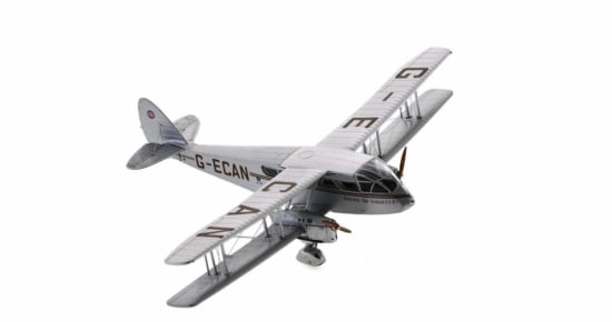Front starbord side view of the 1/72 scale diecast model DH.84 Dragon registered G-ECAN, in Railway Air Services livery circa 2000 - 2019 - Oxford Diecast 72DG001
