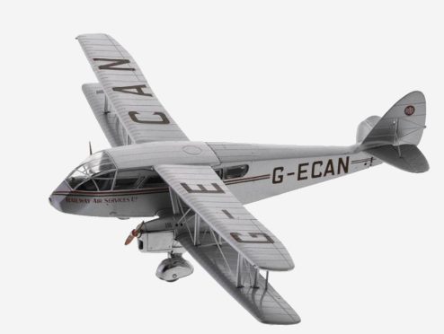 Top view of the 1/72 scale diecast model DH.84 Dragon registered G-ECAN, in Railway Air Services livery circa 2000 - 2019 - Oxford Diecast 72DG001