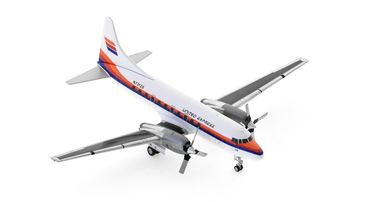 Front starboard side view of Gemini Jets G2UAL318 - 1/200 scale diecast model of the Convair CV-580, registration N73126 operated by Aspen Airways in the livery of United Express