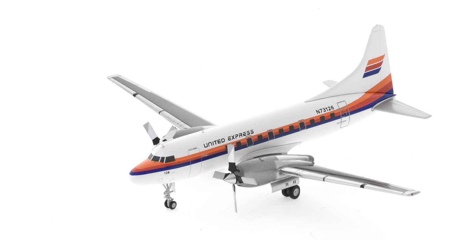 Front port side view of Gemini Jets G2UAL318 - 1/200 scale diecast model of the Convair CV-580, registration N73126 operated by Aspen Airways in the livery of United Express