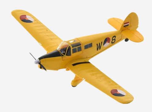 top view of the Oxford Diecast 72PP003 - 1/72 scale diecast model of the Percival P.34 Proctor Mk.IV, s/n W-8, in the overall trainer yellow paint scheme and markings of the KLu