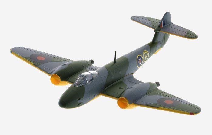 Front port side view of Oxford Diecast AC068 - 1/72 scale diecast model replicates the Gloster Meteor F.2, s/n DG207/G, one of eight F.9/40s prototypes, powered by two Halford H1s (de Havilland Goblin) for trials with de Haviland.