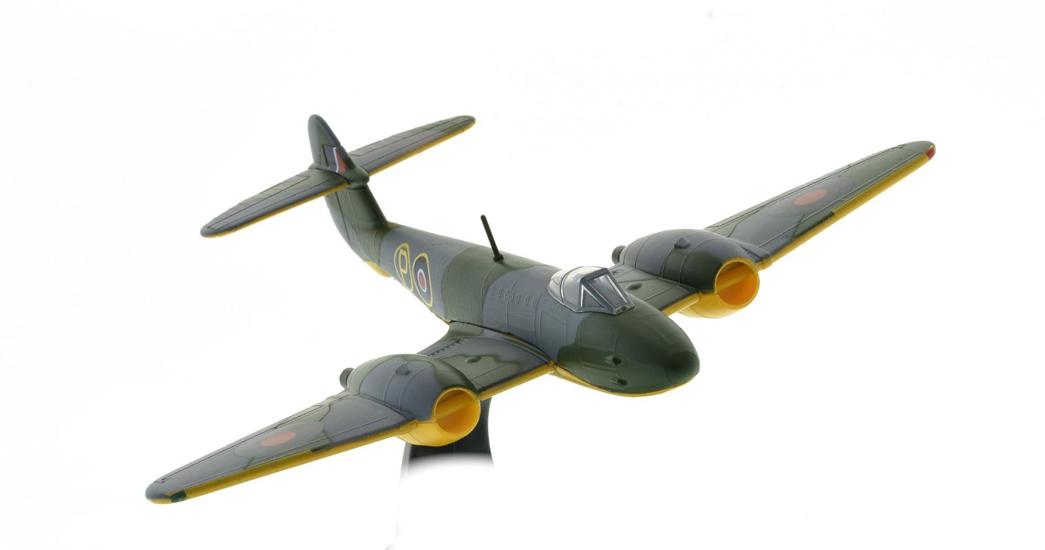 Front starboard view of Oxford Diecast AC068 - 1/72 scale diecast model Gloster Meteor F.2, s/n DG207/G, prototype, powered by two Halford H1s (de Havilland Goblin).