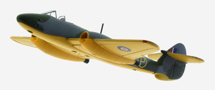 Underside view of Oxford Diecast AC068 - 1/72 scale diecast model replicates the Gloster Meteor F.2, s/n DG207/G, one of eight F.9/40s prototypes, powered by two Halford H1s (de Havilland Goblin) for trials with de Haviland.
