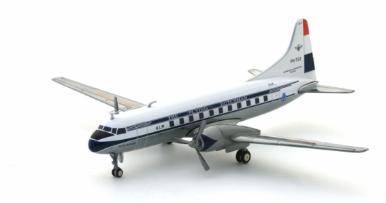 front starboard side view of Herpa HE559393 - 1/200 scale diecast model Convair CV-340, registration PH-TGD, named "Pieter Brueghel" in the livery of KLM Royal Dutch Airlines, circa 1954