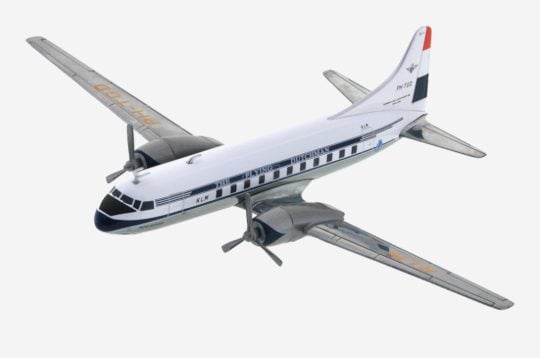 Top view of Herpa HE559393 - 1/200 scale diecast model of the Convair CV-340, registration PH-TGD, named "Pieter Brueghel" in the livery of KLM