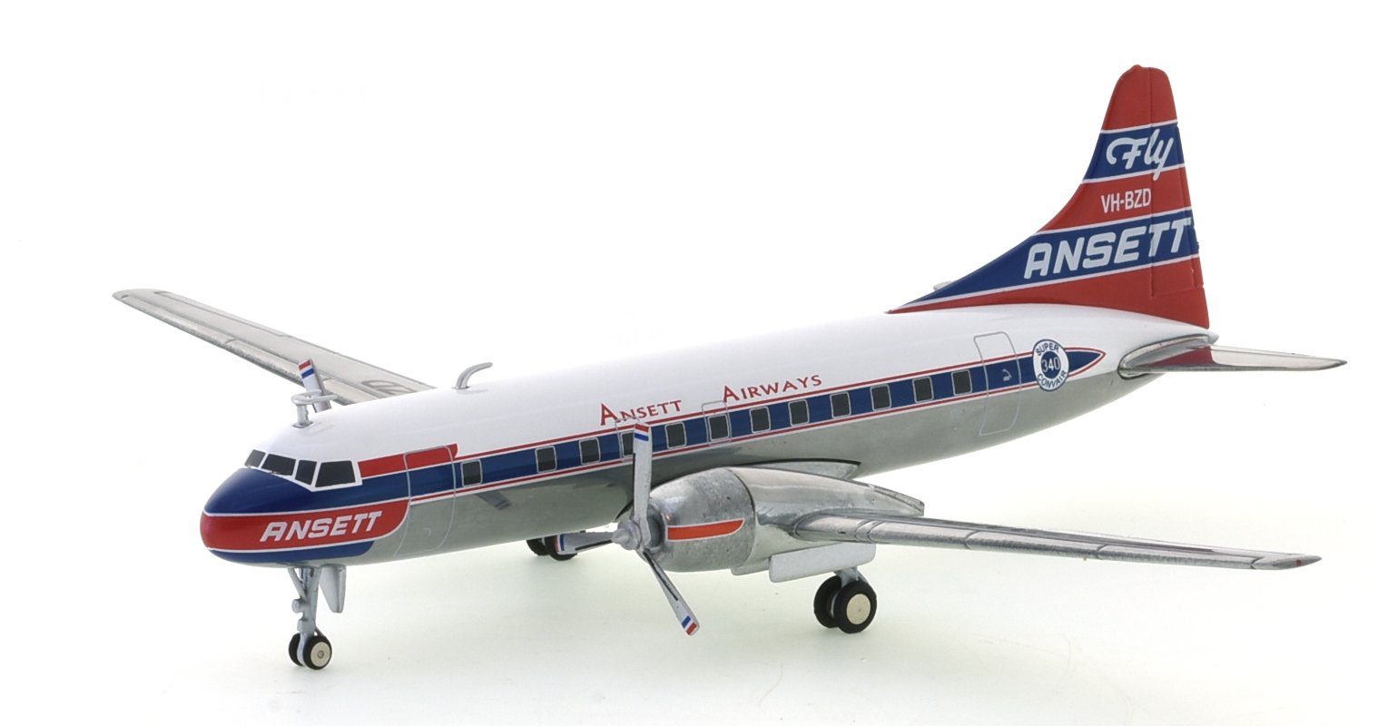 Front port side view of Herpa HE559706 - 1/200 scale diecast model Convair CV-340, registration VH-BZD in the livery of Ansett Airways