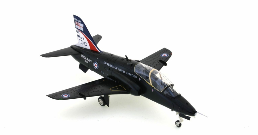 Front starboard view of Hobby Master HU1002 - 1/48 scale diecast model of the BAe Hawk T.1, s/n XX301 of the Fleet Requirements and Air Direction Unit (FRADU), Royal Naval Air Station Yeovilton, 2009.