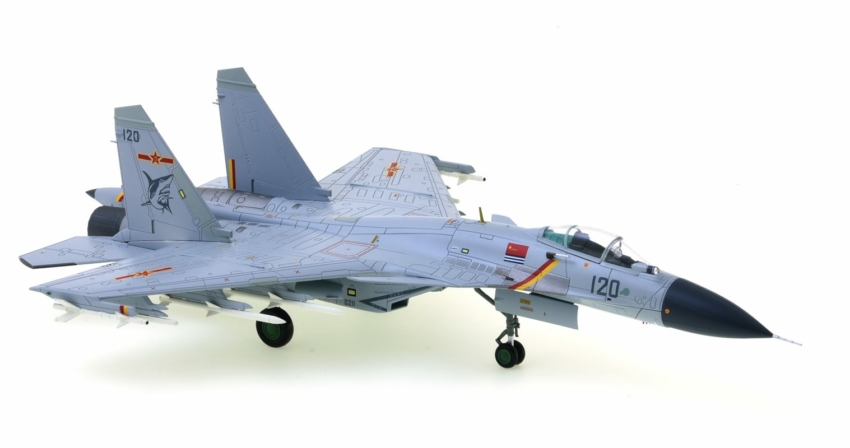 Front starboard side view of Hobby Master HA6402 - 1/72 scale diecast model Shenyang J-15 "Flying Shark", # 120, PLAN, as deployed aboard the aircraft carrier Liaoning during 2017.