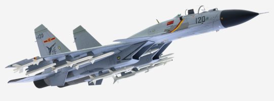 Underside view of Hobby Master HA6402 - 1/72 scale diecast model Shenyang J-15 "Flying Shark", # 120, PLAN, as deployed aboard the aircraft carrier Liaoning during 2017.