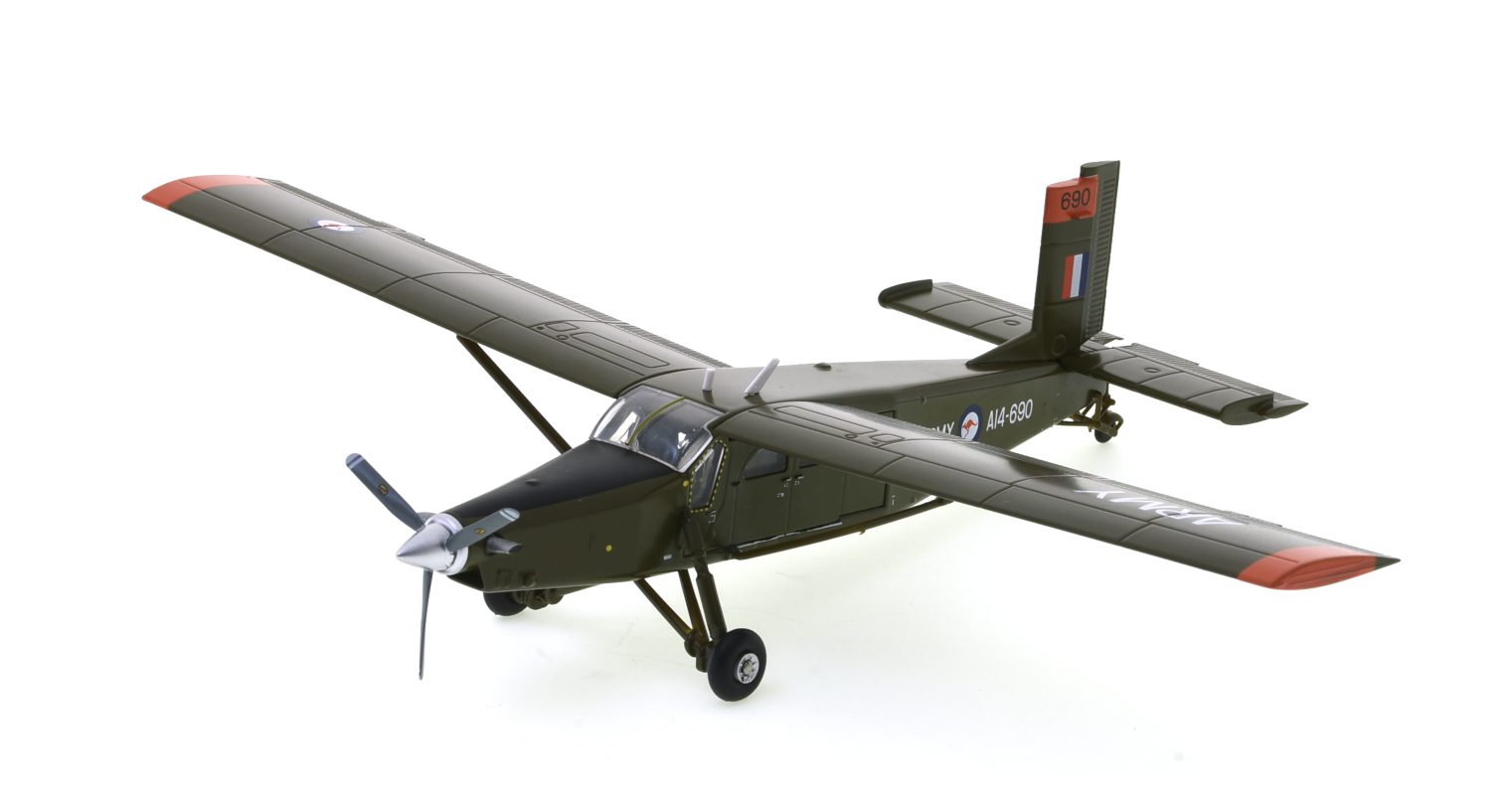 Front port view of Herpa HE580489 - 1/72 scale diecast model Pilatus PC-6B Turbo-Porter, s/n A14-690, 161 (Independent) Reconnaissance Flight, Australian Army Aviation Corps (AA AvnC), Nui Dat Air Base, Vietnam, 1969.