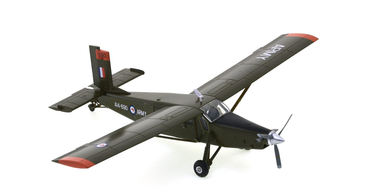 Front starboard view of Herpa HE580489 - 1/72 scale diecast model Pilatus PC-6B Turbo-Porter, s/n A14-690, 161 (Independent) Reconnaissance Flight, Australian Army Aviation Corps (AA AvnC), Nui Dat Air Base, Vietnam, 1969.