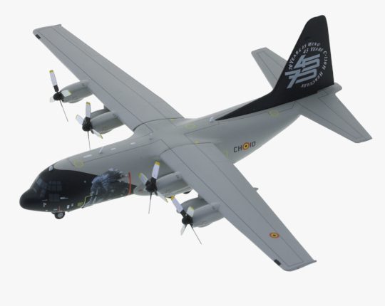 Top view of the 1/200 scale diecast model Lockheed C-130H Hercules, in the commemorative scheme for the "70th Anniversary" of the 15th Air Transport Wing and 45 years of C-130 Hercules in Belgian service - Herpa HE559843
