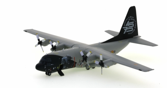 Front port side view of the 1/200 scale diecast model Lockheed C-130H Hercules, in the commemorative scheme for the "70th Anniversary" of the 15th Air Transport Wing and 45 years of C-130 Hercules in Belgian service - Herpa HE559843