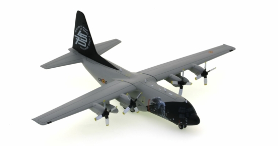 Front starboard side view of the 1/200 scale diecast model Lockheed C-130H Hercules, in the commemorative scheme for the "70th Anniversary" of the 15th Air Transport Wing and 45 years of C-130 Hercules in Belgian service - Herpa HE559843