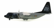 Port side view of the 1/200 scale diecast model Lockheed C-130H Hercules, in the commemorative scheme for the "70th Anniversary" of the 15th Air Transport Wing and 45 years of C-130 Hercules in Belgian service - Herpa HE559843
