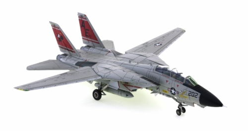 Front starboard side view of the Grumman F-14A Tomcat 1/72 scale diecast model, tail code AE/202, VF-31 "Tomcatters", US Navy, CVW-6, USS Forrestal (CV 59), 1988 - Calibre Wings CA721412