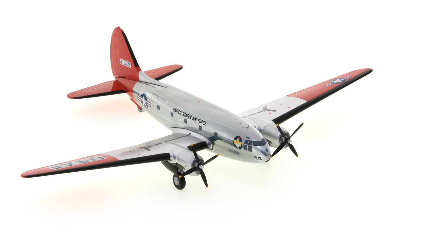 Front starboard side view of the Curtiss C-46D Commando  1/200 scale diecast model, s/n 44-78019, 3499th Mobil Training Wing, Chanute AFB, circa 1954 - AeroClassics AC219753