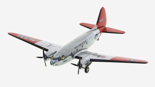 Top view of AeroClassics AC219753 - 1/200 scale diecast model Curtiss C-46D Commando, s/n 44-78019, 3499th Mobil Training Wing, Chanute Air Force Base, Illinois, USA, circa 1954.