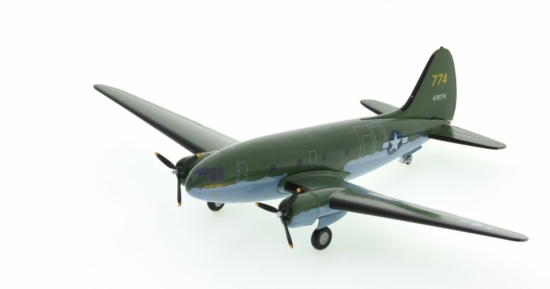 Front port side view of the Curtiss C-46F Commando 1/200 scale diecast model, "The Tinker Belle", s/n 44-78774 in a United States Army Air Force (USAAF) colour scheme - AeroClassics AC219754