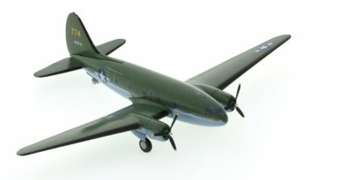 Front starboard side view of the Curtiss C-46F Commando 1/200 scale diecast model, "The Tinker Belle", s/n 44-78774 in a United States Army Air Force (USAAF) colour scheme - AeroClassics AC219754