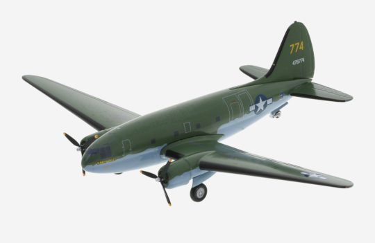 Top view of AeroClassics 200 AC219754 - 1/200 scale diecast model Curtiss C-46F Commando, "The Tinker Belle", s/n 44-78774 in a USAAF colour scheme.