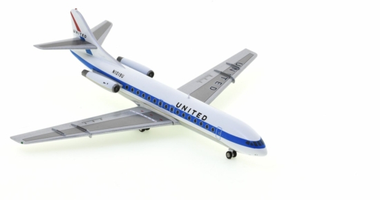 Front starboard side view of the Sud Aviation SE 210 Caravelle VI-R 1/200 scale diecast model, N1019U United Airlines Mainliner livery, circa the 1960s - Inflight IF210UA1218