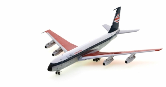 Front port side view of the Boeing 707-436 1/200 scale diecast model, registered G-APFO in a British Airtours livery, circa the early 1970s - Inflight200 IF7070514PBA 