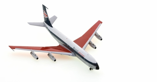 Front starboard side view of the Boeing 707-436 1/200 scale diecast model, registered G-APFO in a British Airtours livery, circa the early 1970s - Inflight200 IF7070514PBA 