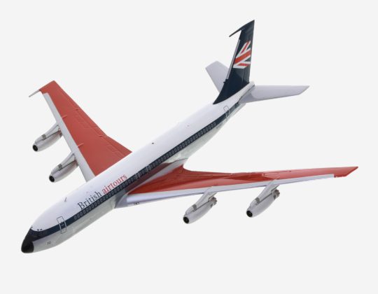 Top view of Inflight200 IF7070514PBA - 1/200 scale diecast model Boeing 707-436, registered G-APFO in a British Airtours livery, circa the early 1970s.