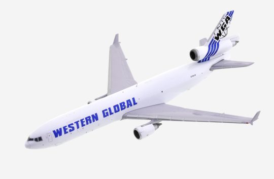 Top view of Gemini Jets GJUPS3791 - McDonnell Douglas MD-11F 1/400 scale diecast model, registration N799JN in the livery of Western Global Airlines.