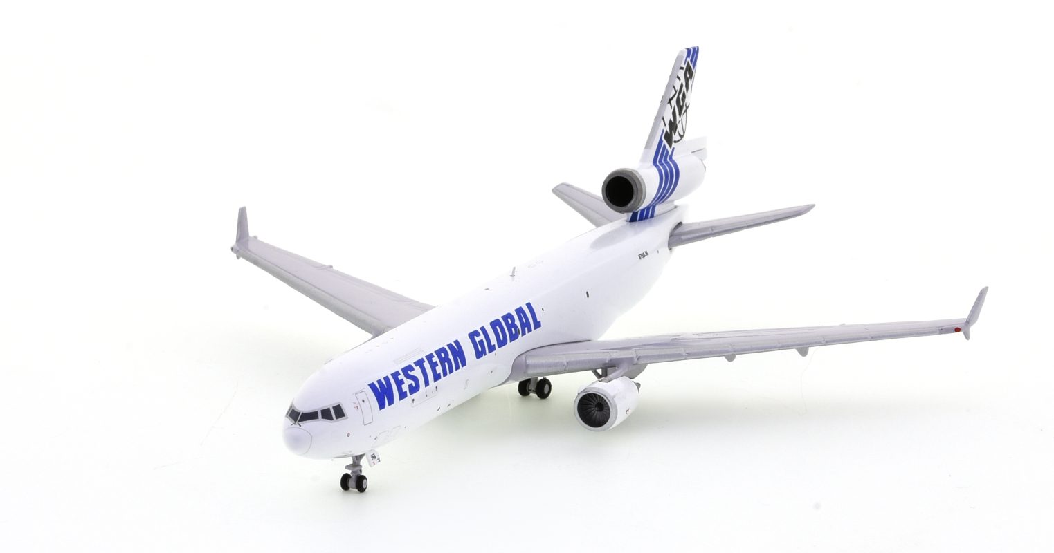 Front port side view of the McDonnell Douglas MD-11F 1/400 scale diecast model of registration N799JN in the livery of Western Global Airlines - Gemini Jets GJUPS3791 