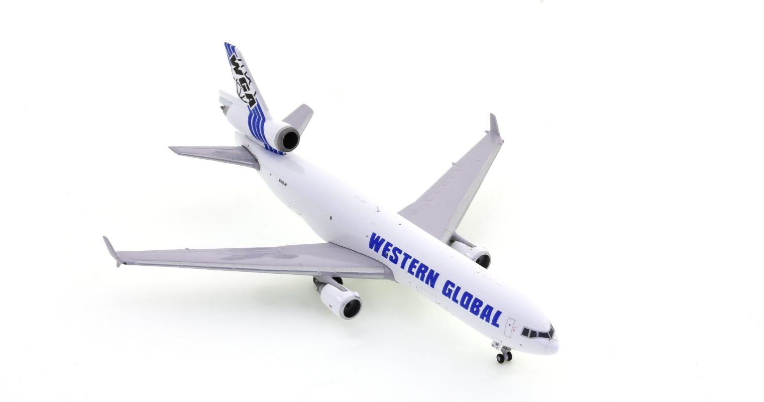 Front starboard side view of the McDonnell Douglas MD-11F 1/400 scale diecast model of registration N799JN in the livery of Western Global Airlines - Gemini Jets GJUPS3791 
