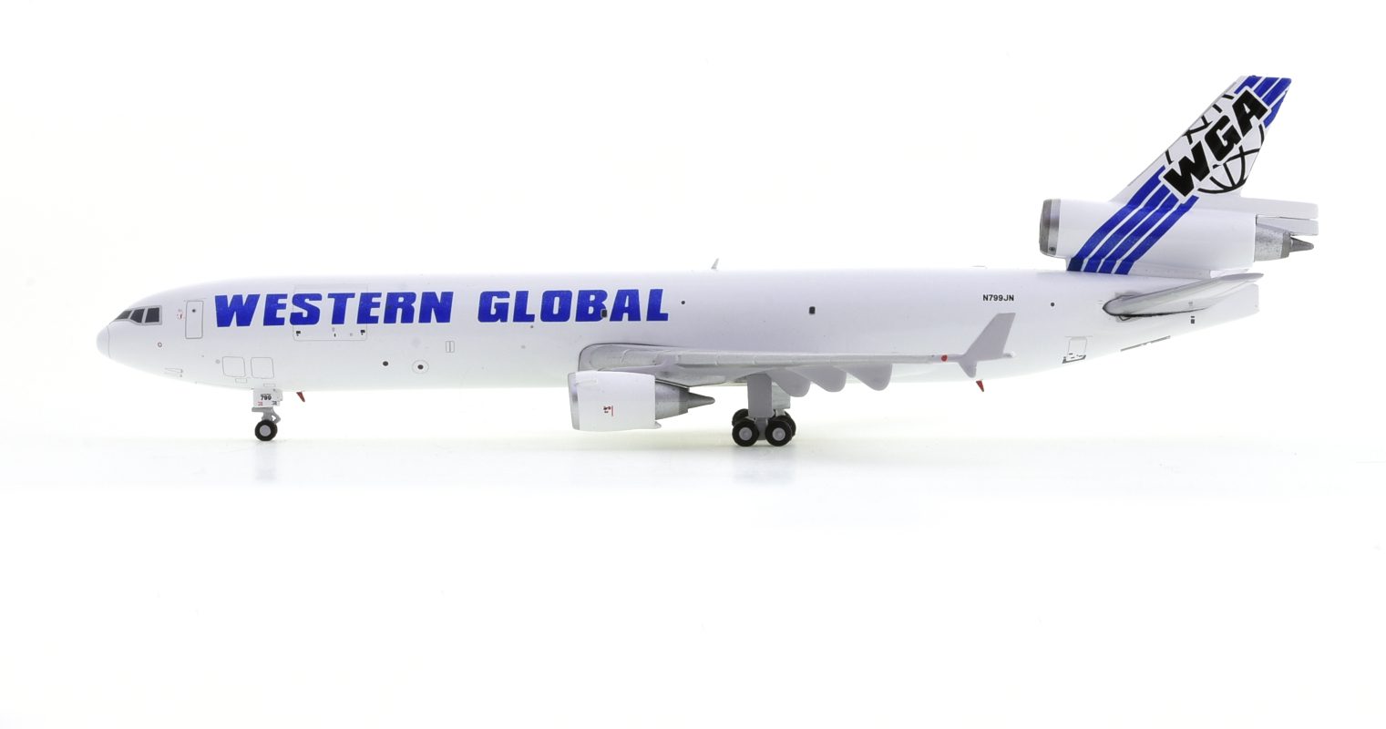 Port side view of the McDonnell Douglas MD-11F 1/400 scale diecast model of registration N799JN in the livery of Western Global Airlines - Gemini Jets GJUPS3791 