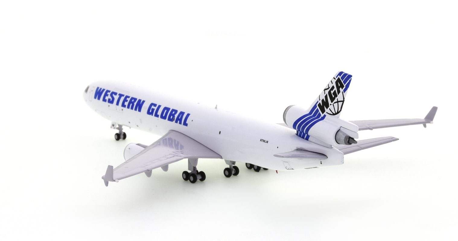 Rear view of the McDonnell Douglas MD-11F 1/400 scale diecast model of registration N799JN in the livery of Western Global Airlines - Gemini Jets GJUPS3791 