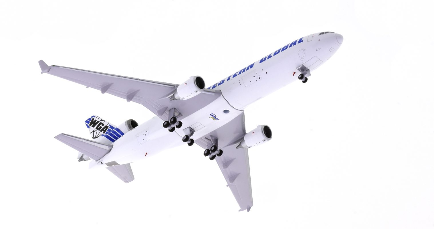 Underside view of the McDonnell Douglas MD-11F 1/400 scale diecast model of registration N799JN in the livery of Western Global Airlines - Gemini Jets GJUPS3791 