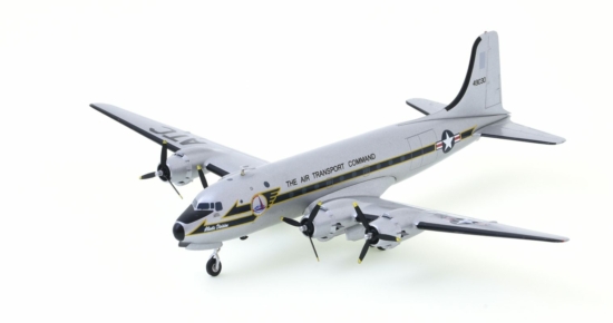 Front port side view of the 1/200 scale diecast model Douglas C-54M, s/n 44-9030, 513th Air Transport Group, Military Air Transport Service, Rheine-Main AB, Germany, Berlin Air Lift, in 1949. The aircraft continued to wear the World War II colour scheme of Air Transport Command's (ATC) Pacific theatre - Herpa HE559720