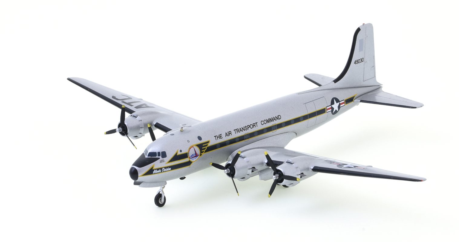 Front port side view of the Douglas C-54M 1/200 scale diecast model, s/n 44-9030, 513th ATG, MATS, USAF - Herpa HE559720