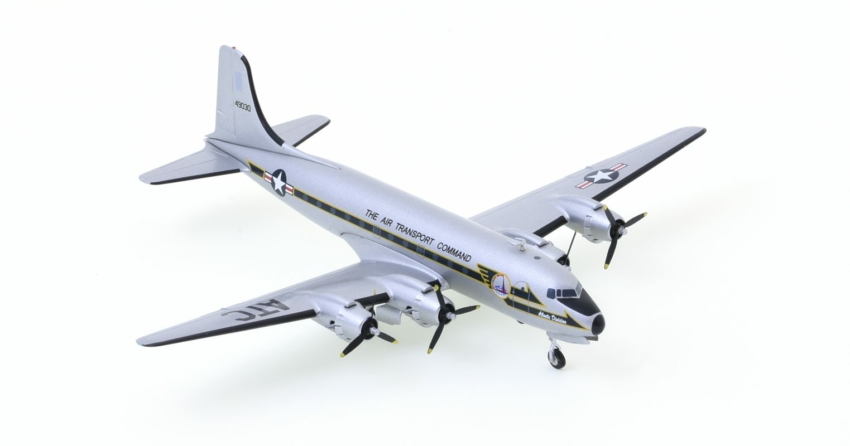 Front starboard side view of the 1/200 scale diecast model Douglas C-54M, s/n 44-9030, 513th Air Transport Group, Military Air Transport Service, Rheine-Main AB, Germany, Berlin Air Lift, in 1949. The aircraft continued to wear the World War II colour scheme of Air Transport Command's (ATC) Pacific theatre - Herpa HE559720