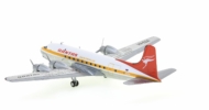 Rear view of the Douglas DC-4 1/200 scale diecast model, of "Pacific Trader", registration VH-EDA in the Ochre livery of Qantas Airways - Herpa HE570855