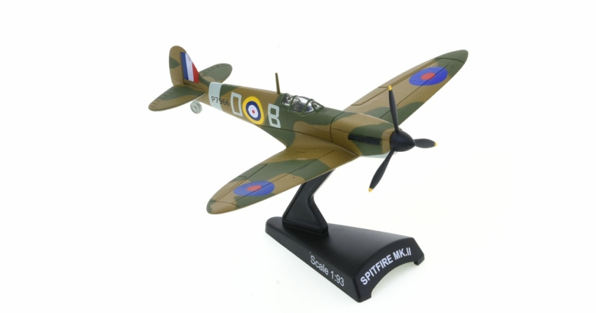 Front Starboard side view of the Supermarine Spitfire Mk. IIa 1/93 scale diecast model, Wg Cdr Douglas Bader, Duxford Wing, RAF Battle of Britain, 1940 - Postage Stamp Collection PS53353