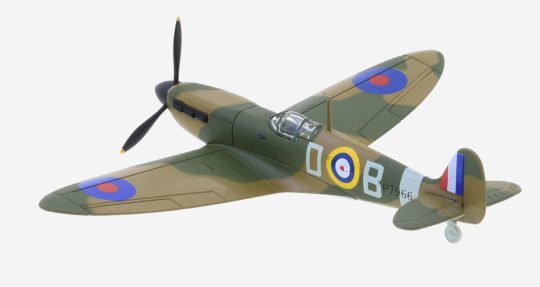 Top View of Postage Stamp Collection PS53353 - 1/93 scale diecast model Supermarine Spitfire Mk. IIa, Wg Cdr Douglas Bader, Duxford Wing, RAF Battle of Britain, 1940.