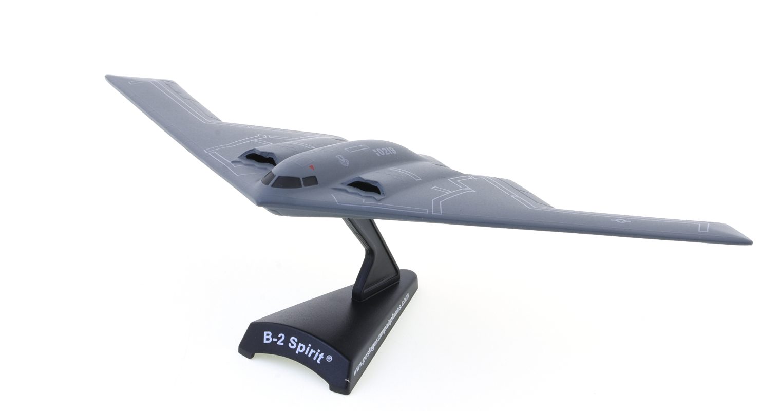 Front port side view of the Northrop Grumman B-2A Spirit 1/280 scale diecast model of the 509th BW, USAF, Whiteman AFB, Missouri, USA - Postage Stamp Collection PS5387