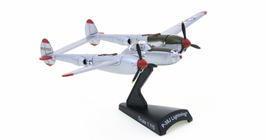 Front starboard side view of the Lockheed P-38J Lightning 1/115 scale diecast model, named "Marge", flown by Richard Bong, 9th FS, 49th FG, 5th AF, USAAF, New Guinea, circa 1944 - Postage Stamp Collection PS53623 